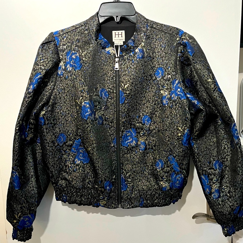 Haute Hippie Ruth Metallic Floral Brocade Bomber Jacket - size XL - Picture 3 of 11